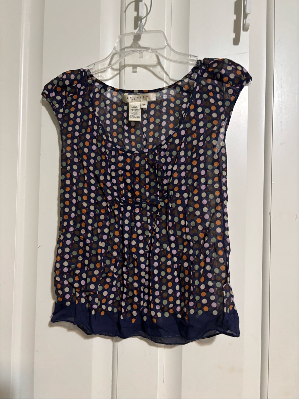 Max Studio Navy Sheer Polka Dot Cap-Sleeve Blouse Small Petite